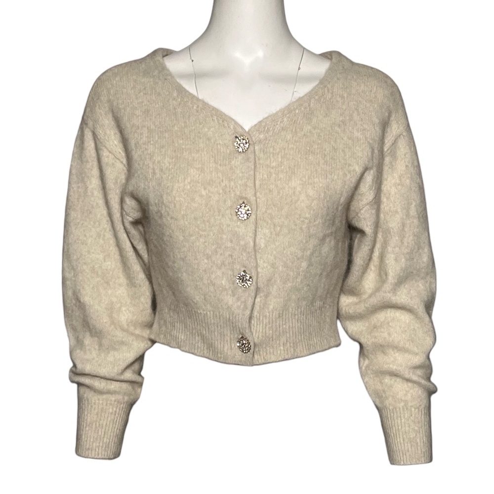 Snidel Cardigan Sweater Wool Fox Hair Ivory/Beige Jewel Crystal Buttons One Size